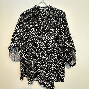 Notations Black and White Heart Polka Dot Blouse Women’s Size 1X Button